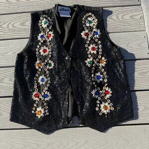 Effect Vintage 80s Vest Sequin Shell Black Large Button Front